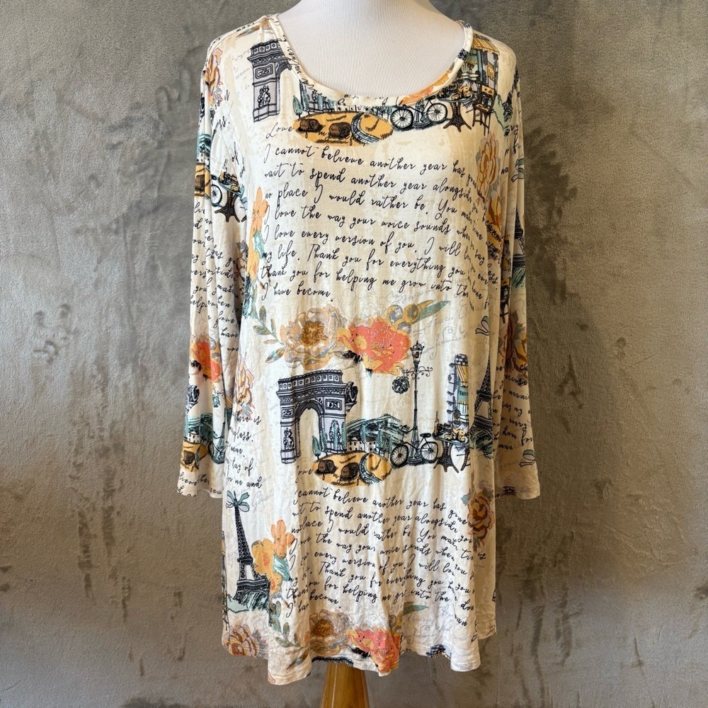 Cato Parisian Floral Script Art Deco Print Top Wmn’s Sz 14/16W